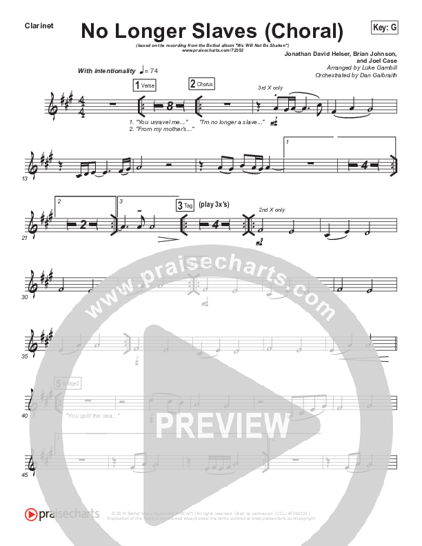 No Longer Slaves (Choral Anthem SATB) Clarinet (Bethel Music / Arr. Luke Gambill)