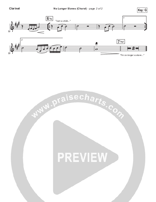 No Longer Slaves (Choral Anthem SATB) Clarinet (Bethel Music / Arr. Luke Gambill)