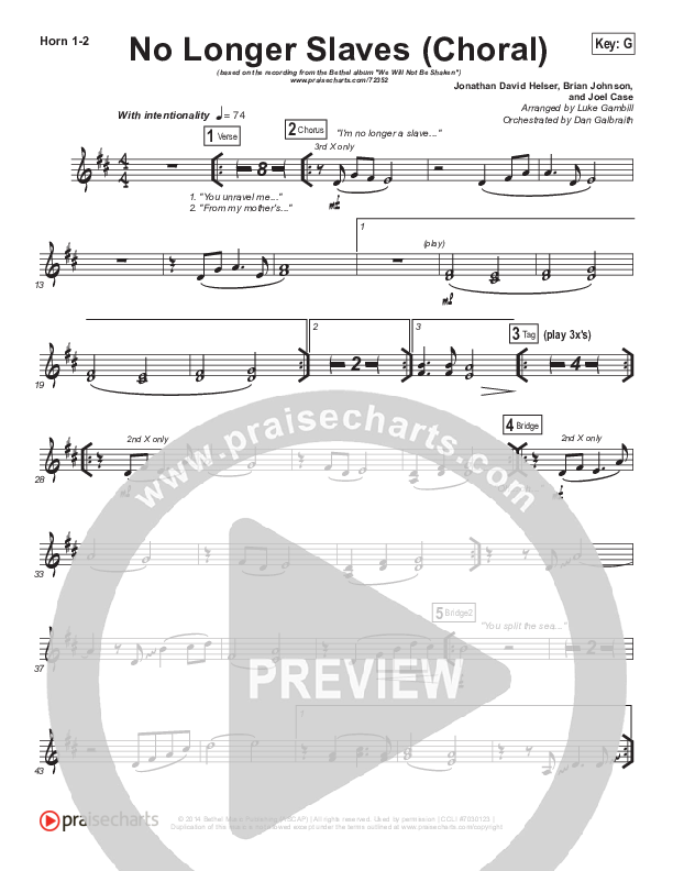 No Longer Slaves (Choral Anthem SATB) French Horn 1/2 (Bethel Music / Arr. Luke Gambill)