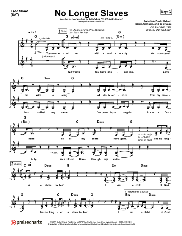 No Longer Slaves (Choral Anthem SATB) Lead Sheet (SAT) (Bethel Music / Arr. Luke Gambill)