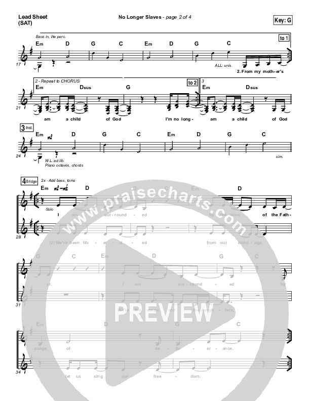 No Longer Slaves (Choral Anthem SATB) Lead Sheet (SAT) (Bethel Music / Arr. Luke Gambill)