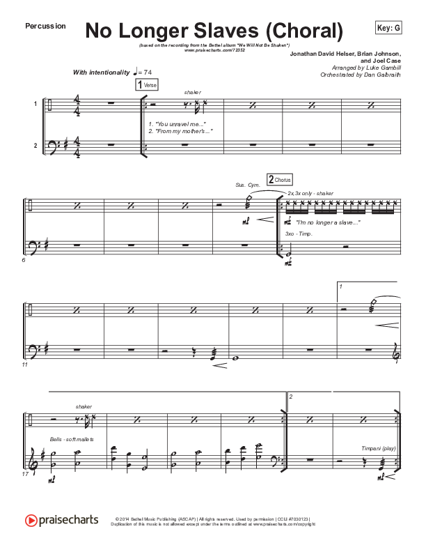 No Longer Slaves (Choral Anthem SATB) Percussion (Bethel Music / Arr. Luke Gambill)