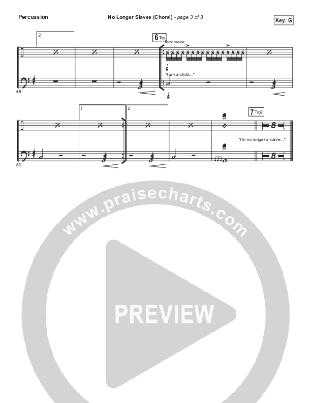 No Longer Slaves (Choral Anthem SATB) Percussion (Bethel Music / Arr. Luke Gambill)