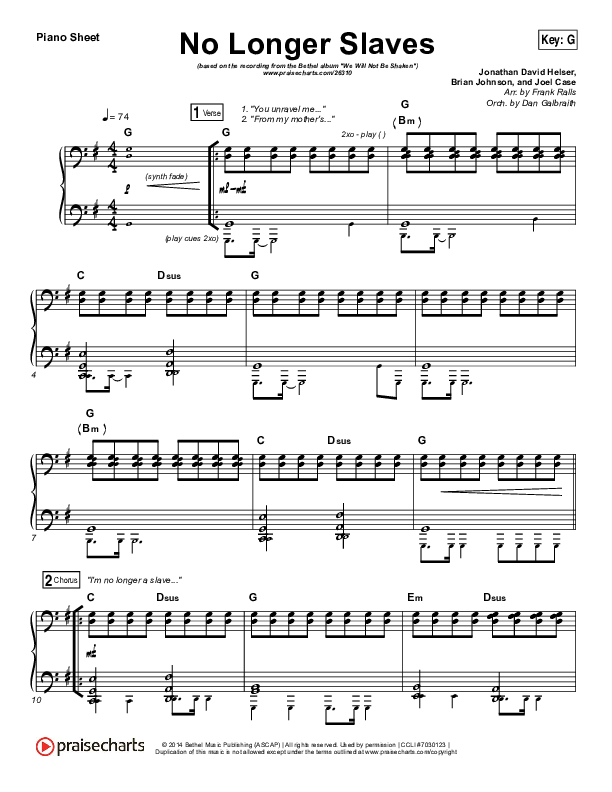 No Longer Slaves (Choral Anthem SATB) Piano Sheet (Bethel Music / Arr. Luke Gambill)