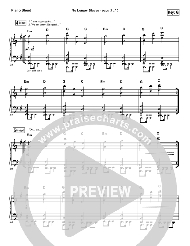 No Longer Slaves (Choral Anthem SATB) Piano Sheet (Bethel Music / Arr. Luke Gambill)