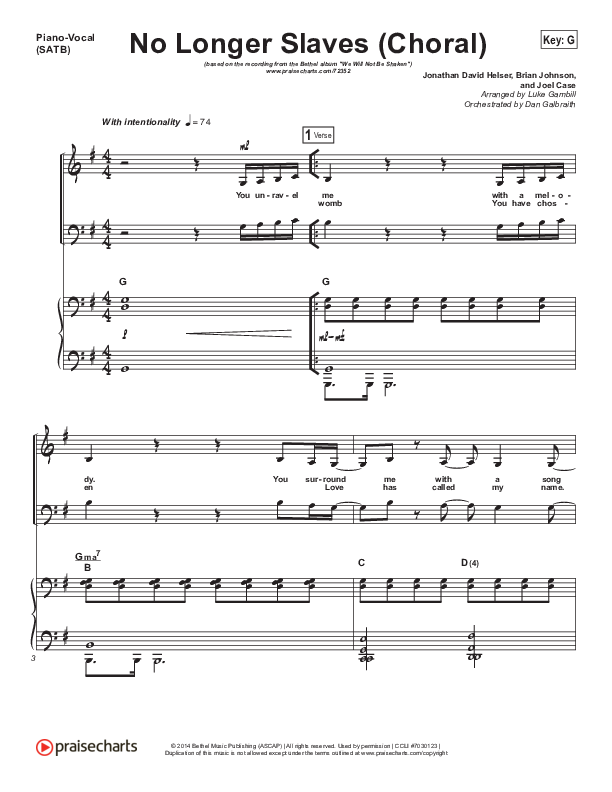 No Longer Slaves (Choral Anthem SATB) Piano/Vocal (SATB) (Bethel Music / Arr. Luke Gambill)