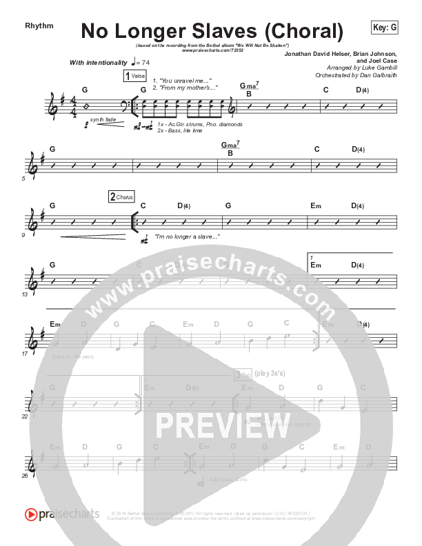 No Longer Slaves (Choral Anthem SATB) Rhythm Chart (Bethel Music / Arr. Luke Gambill)