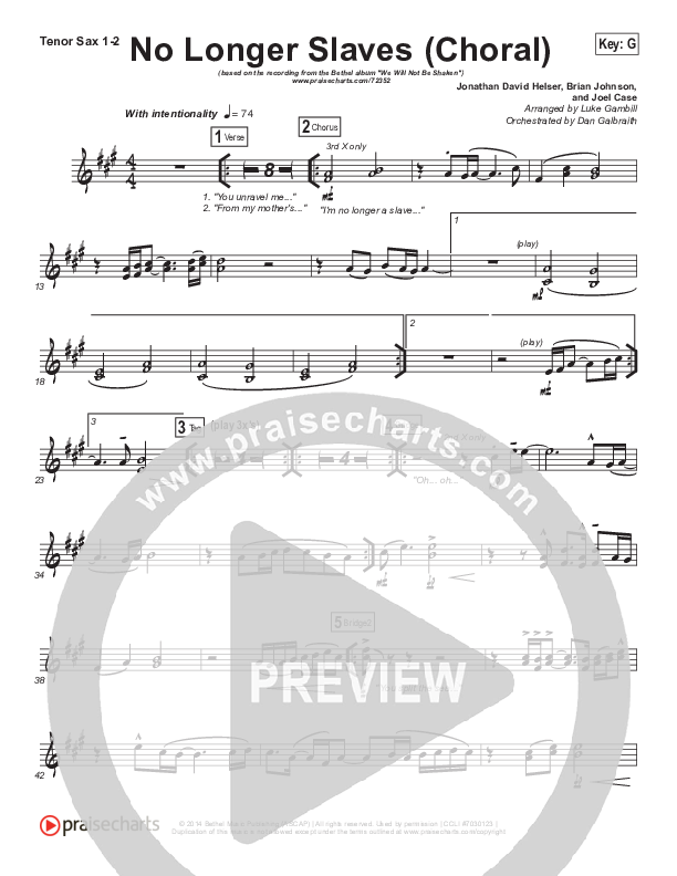 No Longer Slaves (Choral Anthem SATB) Tenor Sax 1/2 (Bethel Music / Arr. Luke Gambill)