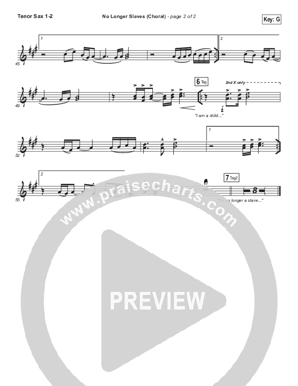 No Longer Slaves (Choral Anthem SATB) Tenor Sax 1/2 (Bethel Music / Arr. Luke Gambill)
