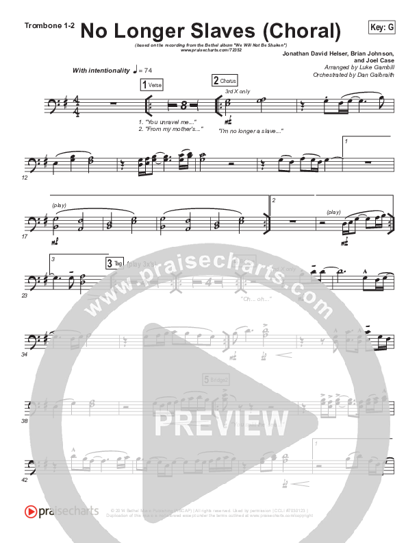 No Longer Slaves (Choral Anthem SATB) Trombone 1/2 (Bethel Music / Arr. Luke Gambill)