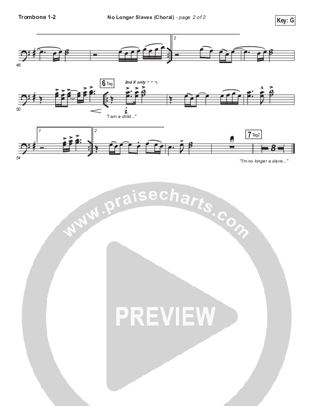 No Longer Slaves (Choral Anthem SATB) Trombone 1/2 (Bethel Music / Arr. Luke Gambill)