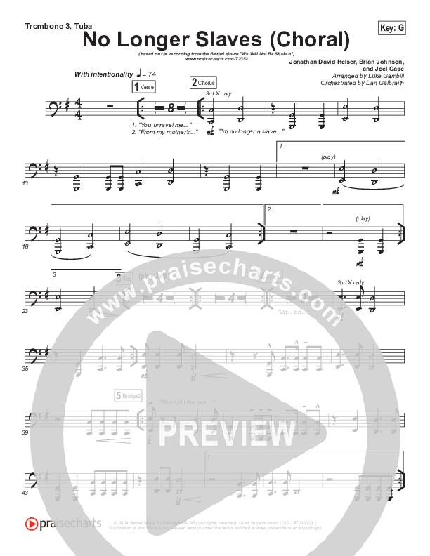 No Longer Slaves (Choral Anthem SATB) Trombone 3/Tuba (Bethel Music / Arr. Luke Gambill)