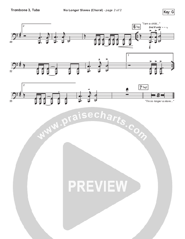 No Longer Slaves (Choral Anthem SATB) Trombone 3/Tuba (Bethel Music / Arr. Luke Gambill)