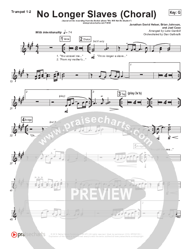 No Longer Slaves (Choral Anthem SATB) Brass Pack (Bethel Music / Arr. Luke Gambill)