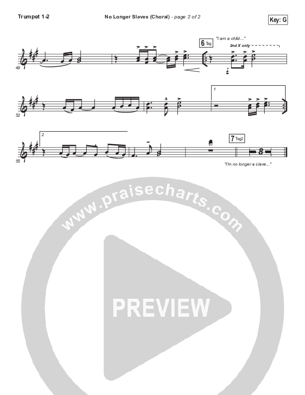 No Longer Slaves (Choral Anthem SATB) Trumpet 1,2 (Bethel Music / Arr. Luke Gambill)