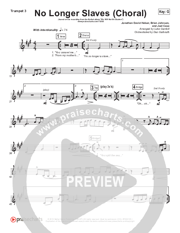 No Longer Slaves (Choral Anthem SATB) Trumpet 3 (Bethel Music / Arr. Luke Gambill)