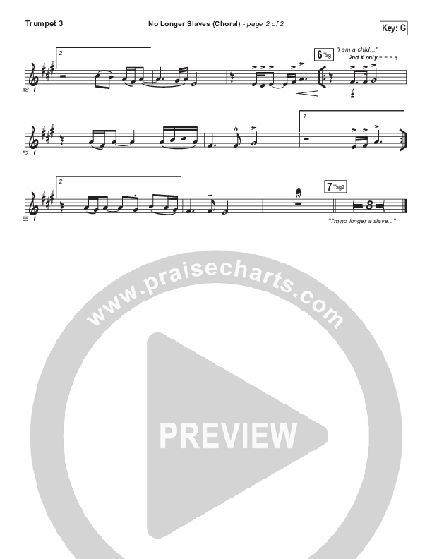 No Longer Slaves (Choral Anthem SATB) Trumpet 3 (Bethel Music / Arr. Luke Gambill)