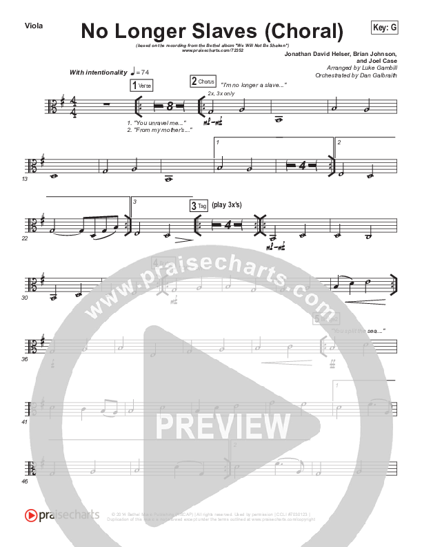 No Longer Slaves (Choral Anthem SATB) Viola (Bethel Music / Arr. Luke Gambill)