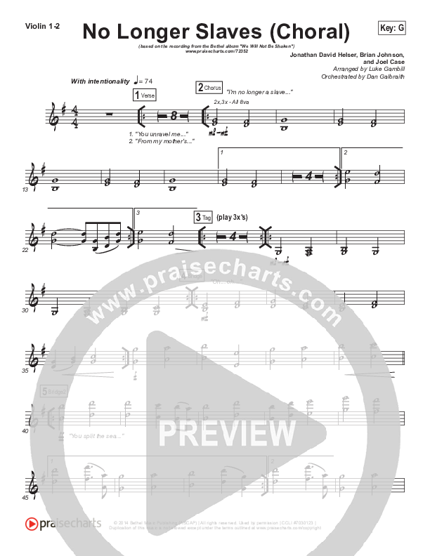 No Longer Slaves (Choral Anthem SATB) Violin 1/2 (Bethel Music / Arr. Luke Gambill)