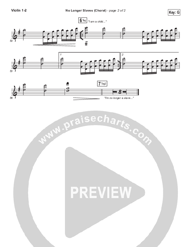 No Longer Slaves (Choral Anthem SATB) Violin 1/2 (Bethel Music / Arr. Luke Gambill)