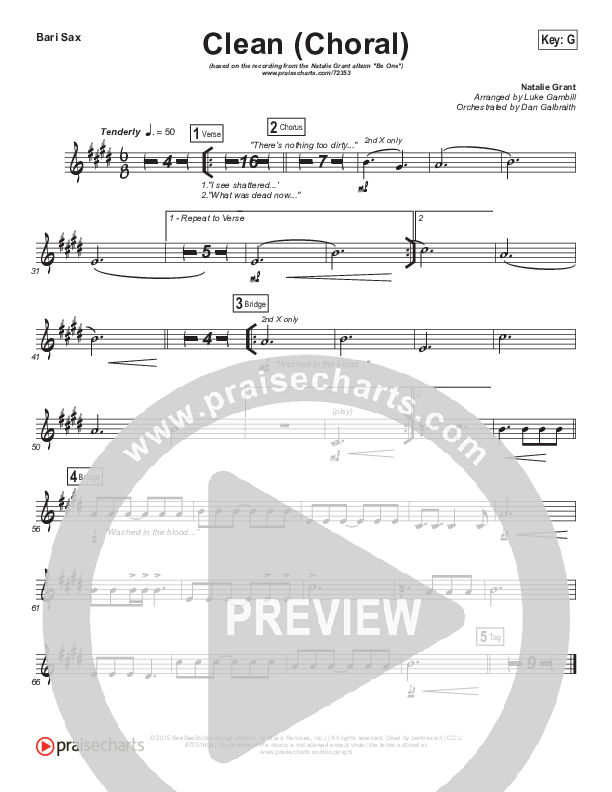 Clean (Choral Anthem SATB) Bari Sax (Natalie Grant / Arr. Luke Gambill)