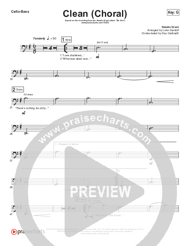 Clean (Choral Anthem SATB) Cello/Bass (Natalie Grant / Arr. Luke Gambill)
