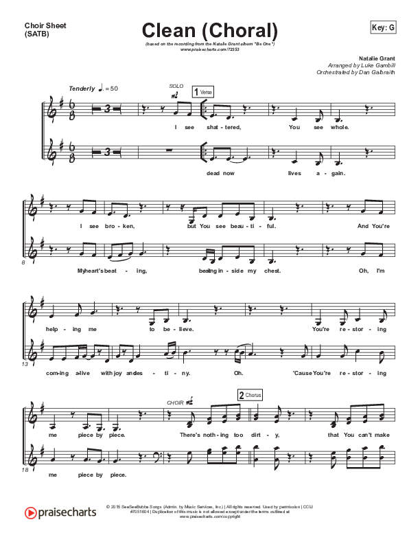 Clean (Choral Anthem SATB) Choir Sheet (SATB) (Natalie Grant / Arr. Luke Gambill)