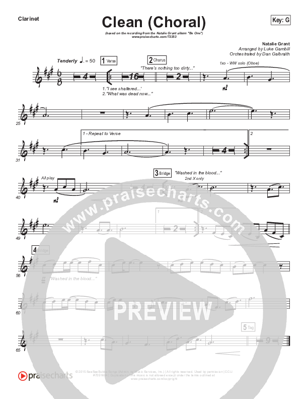 Clean (Choral Anthem SATB) Clarinet (Natalie Grant / Arr. Luke Gambill)