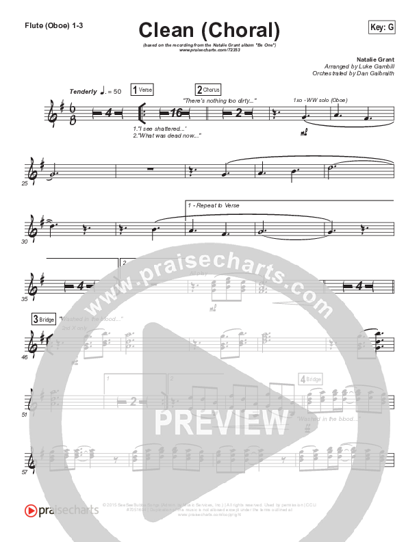 Clean (Choral Anthem SATB) Flute/Oboe 1/2/3 (Natalie Grant / Arr. Luke Gambill)