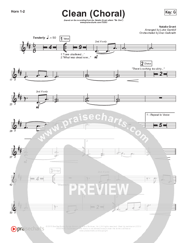 Clean (Choral Anthem SATB) French Horn 1/2 (Natalie Grant / Arr. Luke Gambill)