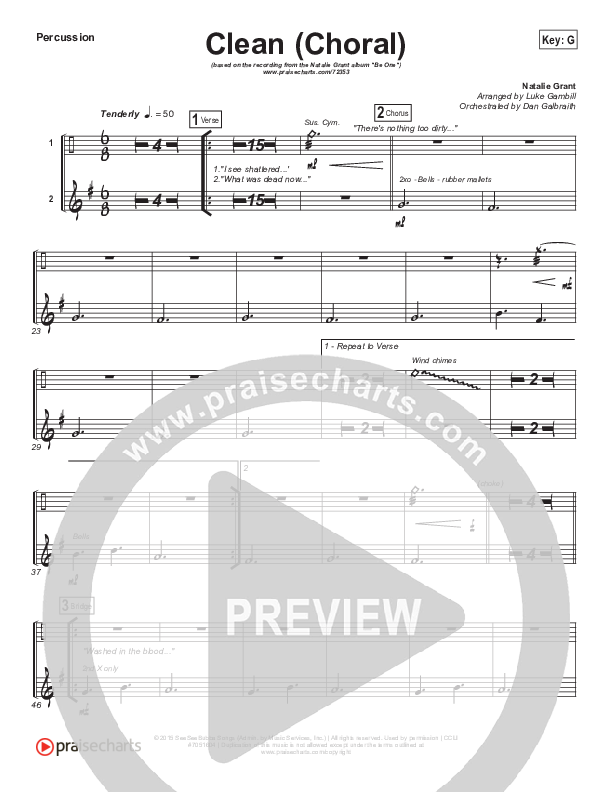 Clean (Choral Anthem SATB) Percussion (Natalie Grant / Arr. Luke Gambill)