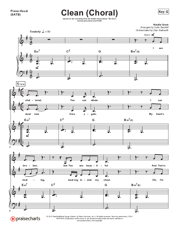 Clean (Choral Anthem SATB) Piano/Vocal (SATB) (Natalie Grant / Arr. Luke Gambill)