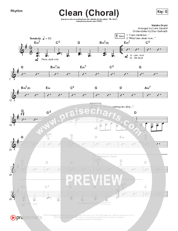 Clean (Choral Anthem SATB) Rhythm Chart (Natalie Grant / Arr. Luke Gambill)