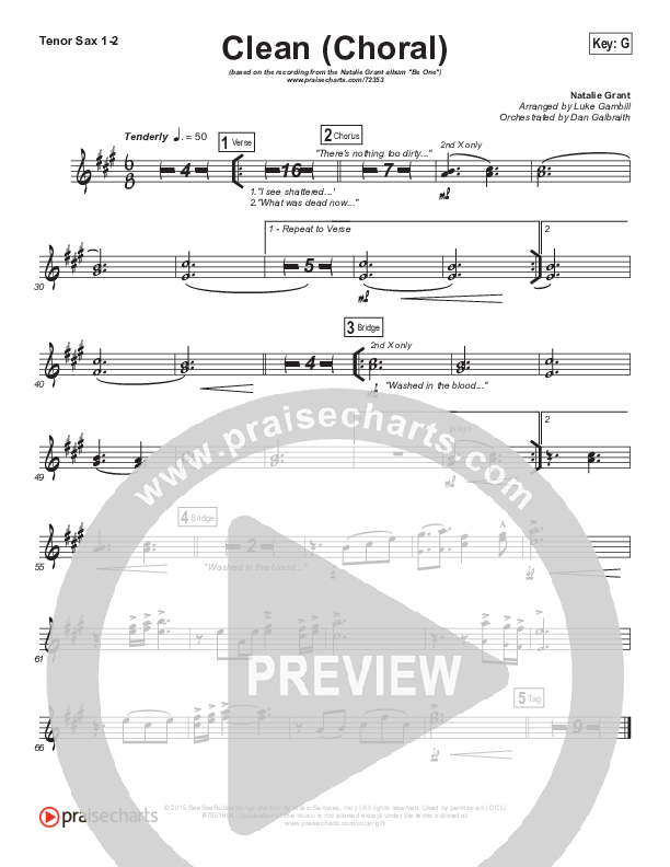 Clean (Choral Anthem SATB) Tenor Sax 1/2 (Natalie Grant / Arr. Luke Gambill)