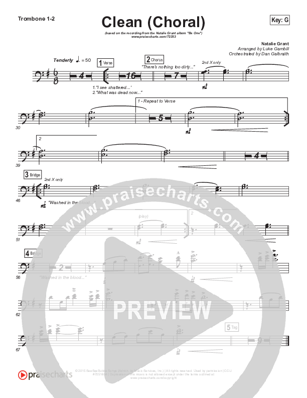 Clean (Choral Anthem SATB) Trombone 1/2 (Natalie Grant / Arr. Luke Gambill)
