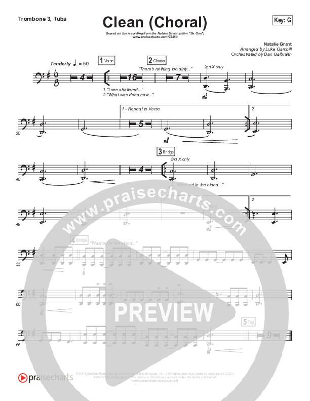 Clean (Choral Anthem SATB) Trombone 3/Tuba (Natalie Grant / Arr. Luke Gambill)