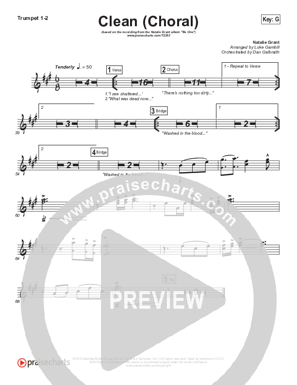 Clean (Choral Anthem SATB) Trumpet 1,2 (Natalie Grant / Arr. Luke Gambill)