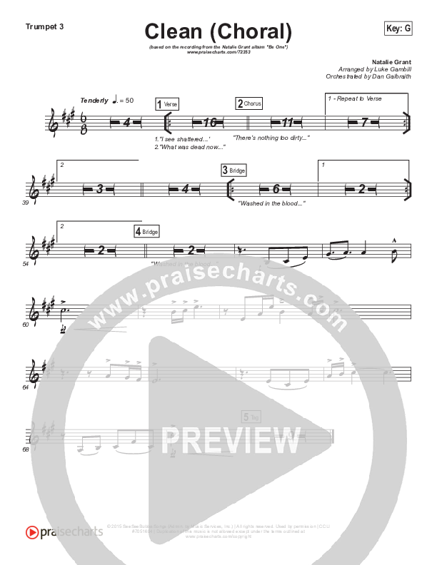Clean (Choral Anthem SATB) Trumpet 3 (Natalie Grant / Arr. Luke Gambill)