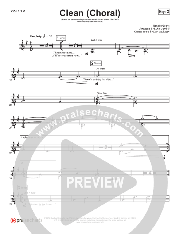 Clean (Choral Anthem SATB) Violin 1/2 (Natalie Grant / Arr. Luke Gambill)
