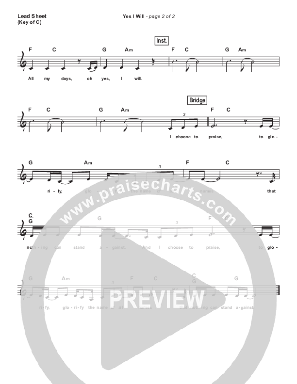 Yes I Will (Simplified) Lead Sheet (Vertical Worship)
