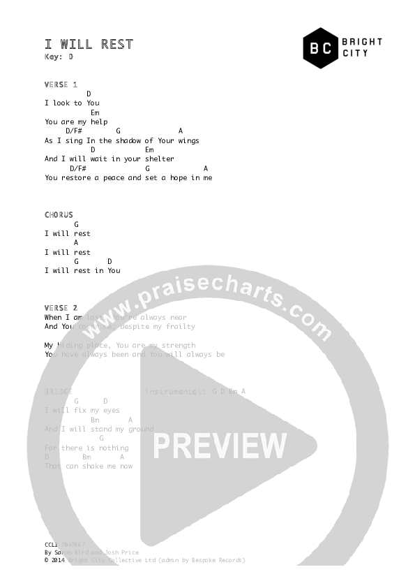 I Will Rest Chords & Lyrics (Bright City)