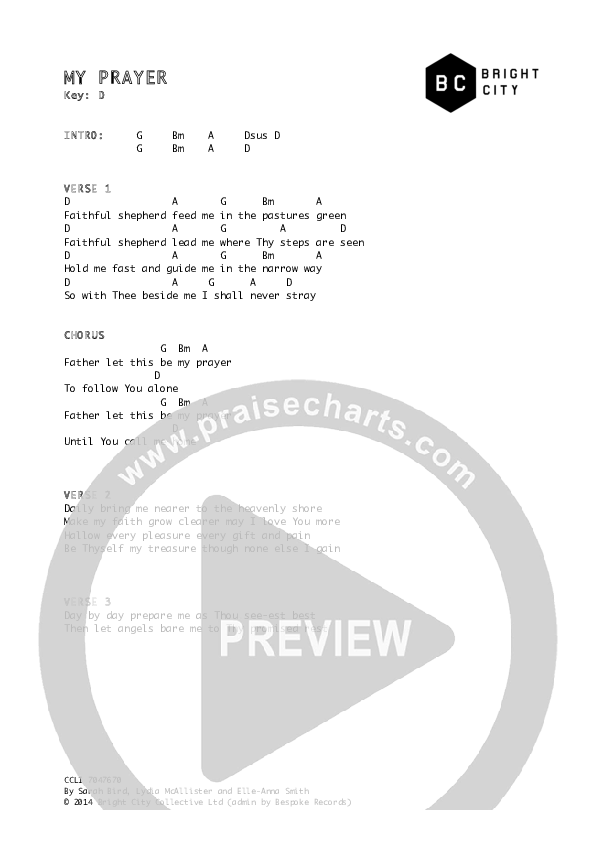My Prayer Chords & Lyrics (Bright City)