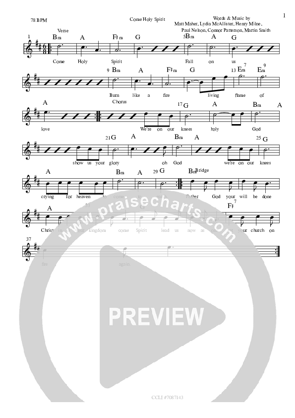 Come Holy Spirit Lead Sheet (Bright City)