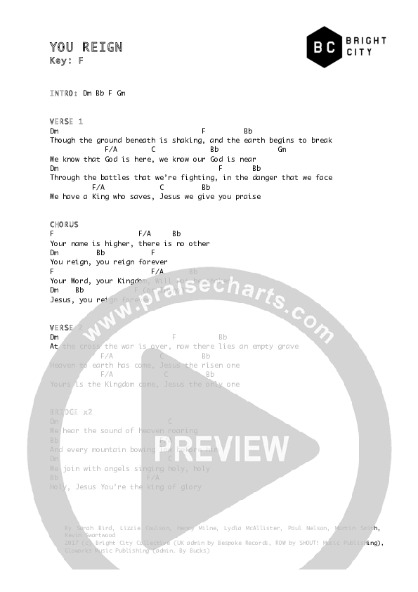 You Reign Chords & Lyrics (Bright City)