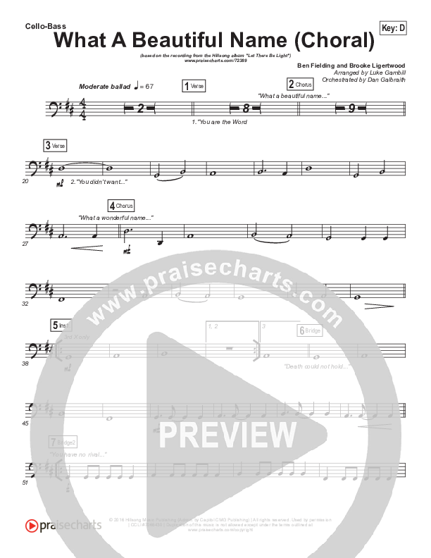 What A Beautiful Name (Choral Anthem SATB) Cello/Bass (Hillsong Worship / Arr. Luke Gambill)