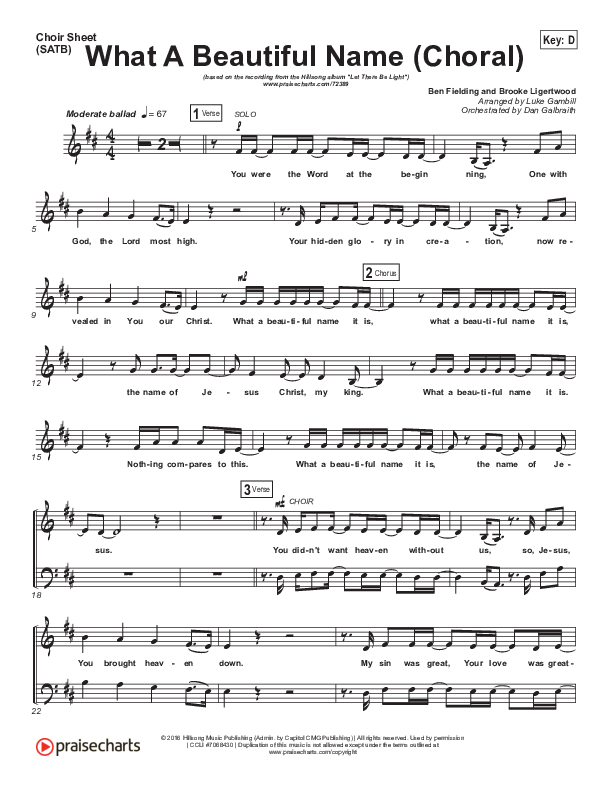 What A Beautiful Name (Choral Anthem SATB) Choir Sheet (SATB) (Hillsong Worship / Arr. Luke Gambill)