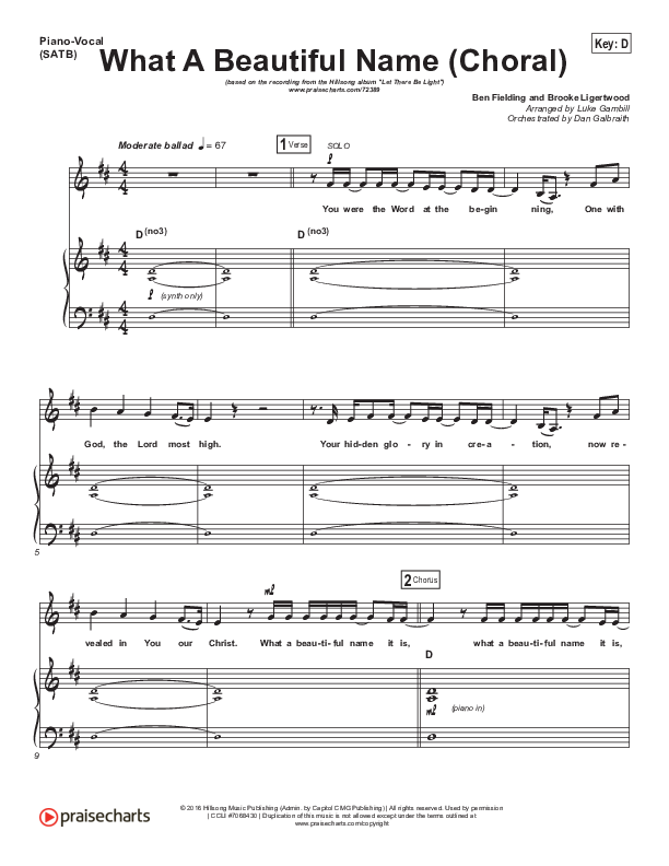 What A Beautiful Name (Choral Anthem SATB) Piano/Vocal (SATB) (Hillsong Worship / Arr. Luke Gambill)