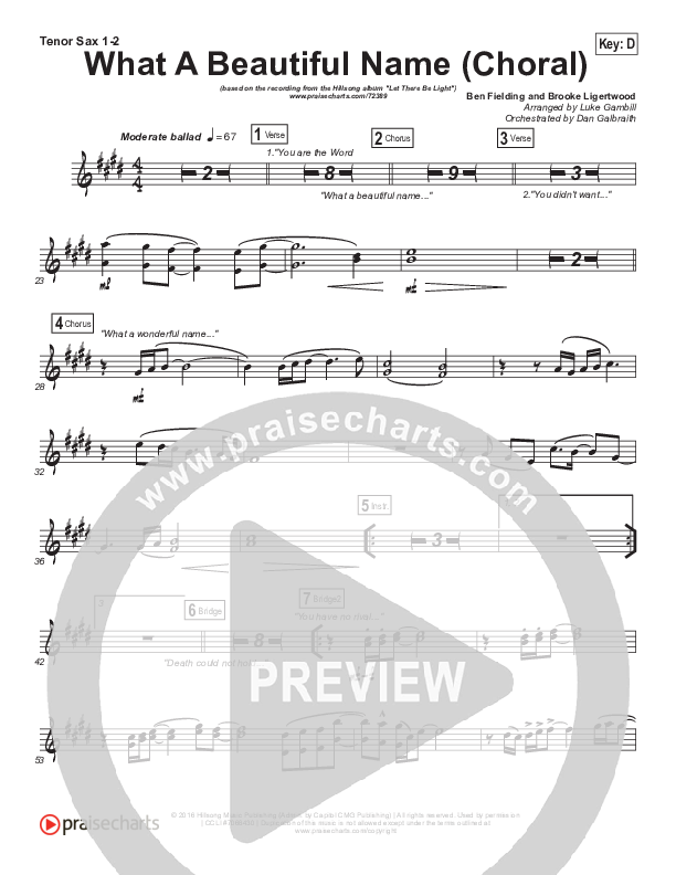 What A Beautiful Name (Choral Anthem SATB) Tenor Sax 1/2 (Hillsong Worship / Arr. Luke Gambill)