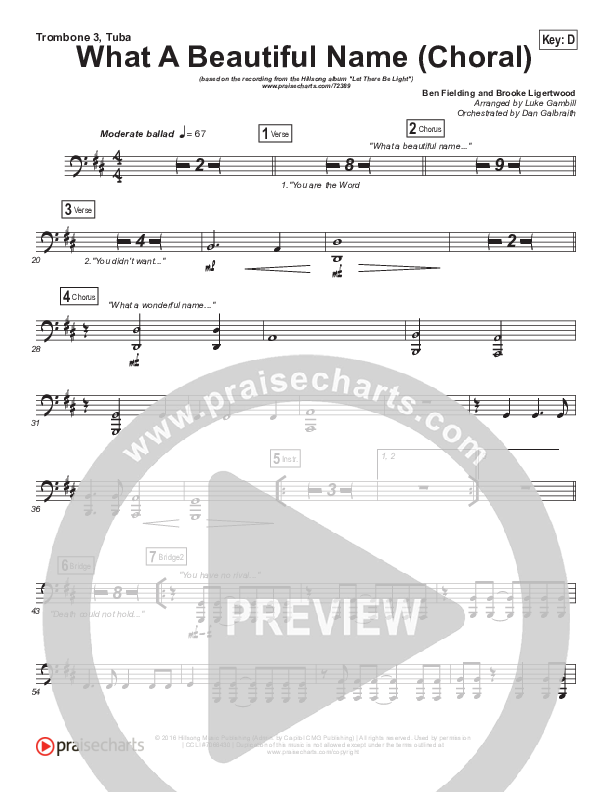 What A Beautiful Name (Choral Anthem SATB) Trombone 3/Tuba (Hillsong Worship / Arr. Luke Gambill)