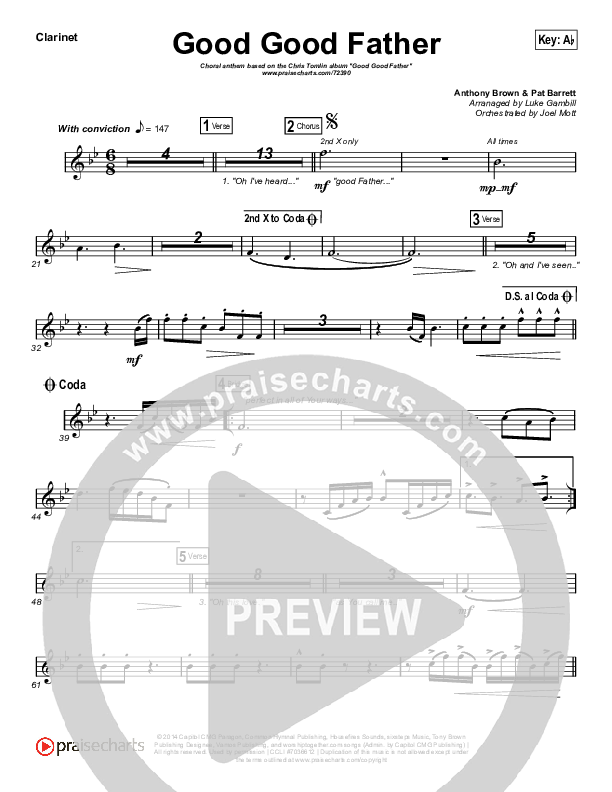 Good Good Father (Choral Anthem SATB) Clarinet (Chris Tomlin / Arr. Luke Gambill)